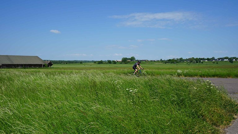 Mand cykler på stort græsareal